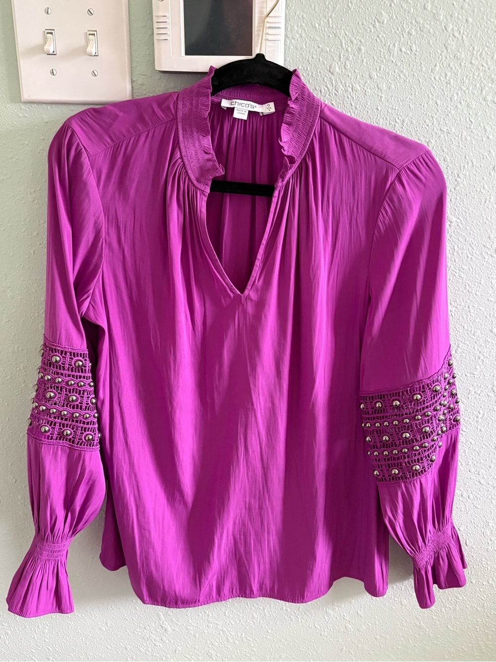 Chico's Fuchsia V-Neck Blouse with Embellished Sleeves